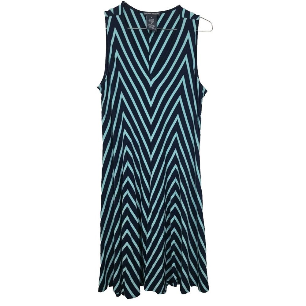 Chelsea & Theodore Womens Sleeveless Dress Medium Navy Striped‎ Beach BOHO